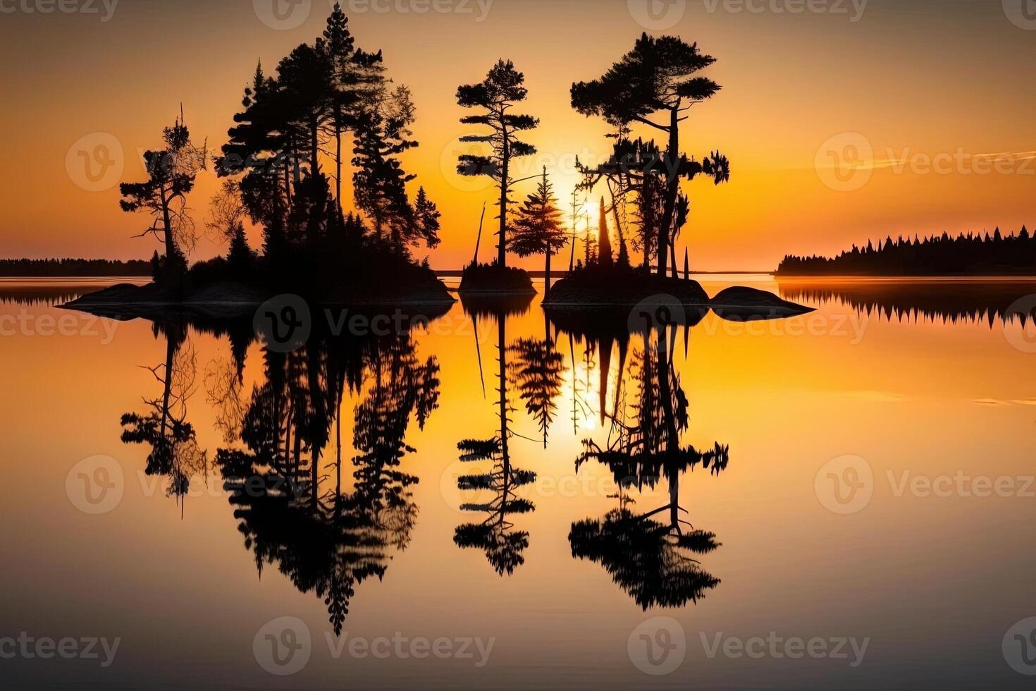 tramonto fra il alberi con riflessi su un' lago illustrazione generativo ai foto