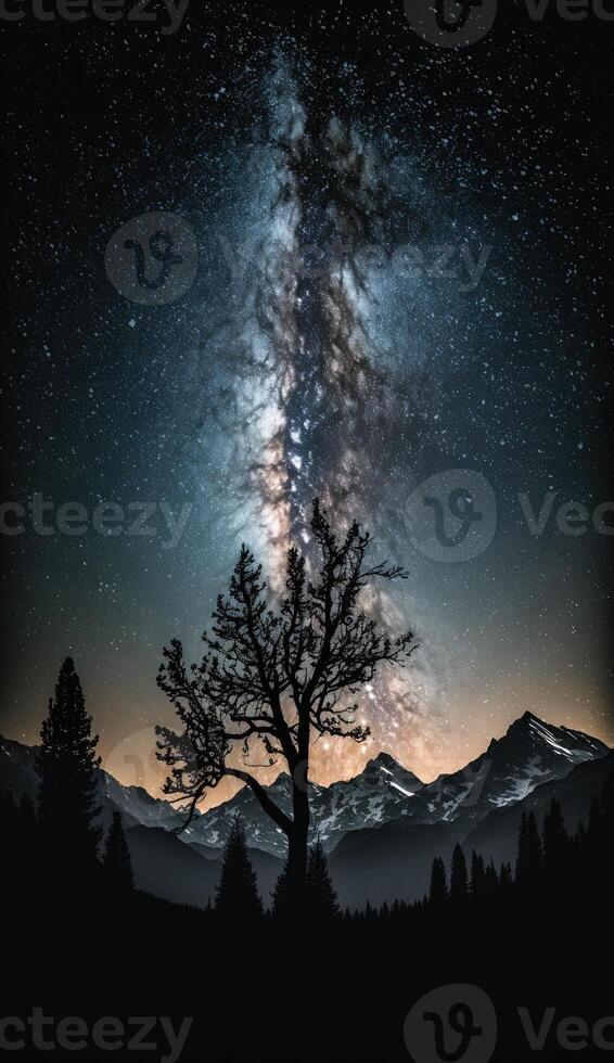 il latteo modo galassia allungamento attraverso il notte cielo, con staglia alberi e montagne nel il primo piano smartphone sfondo serratura schermo sfondo illustrazione generativo ai foto