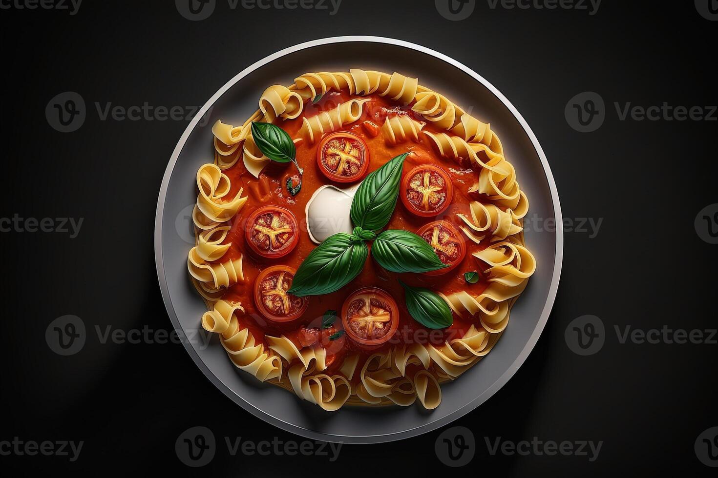 pomodoro pasta piatto Visualizza a partire dal il superiore isolato su nero sfondo illustrazione generativo ai foto