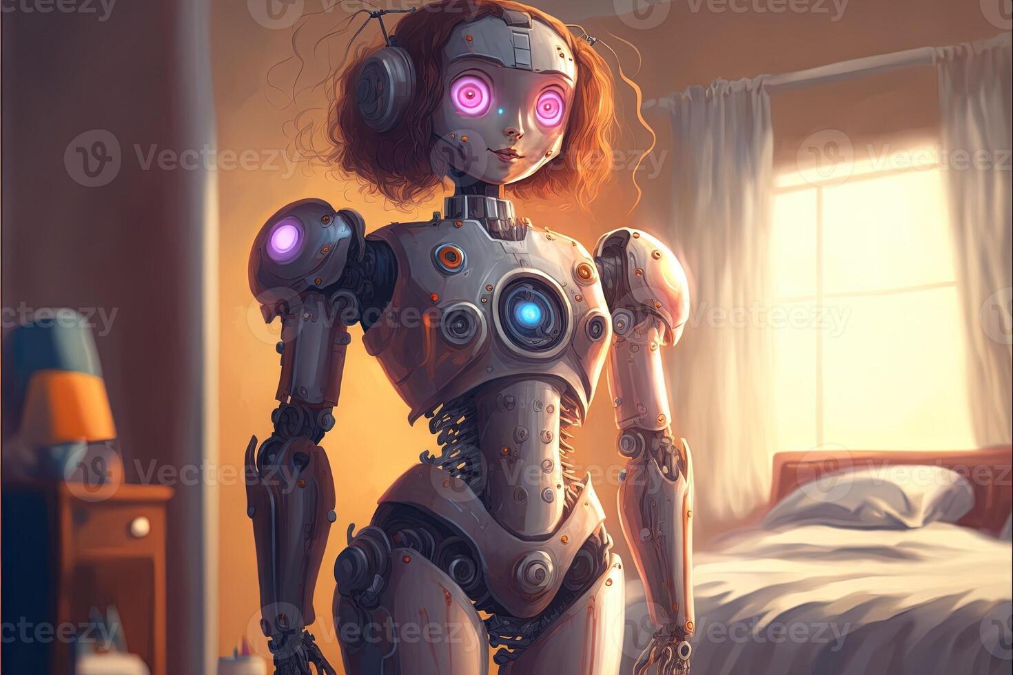 molto stretto robot ragazza nel Camera da letto illustrazione generativo ai foto