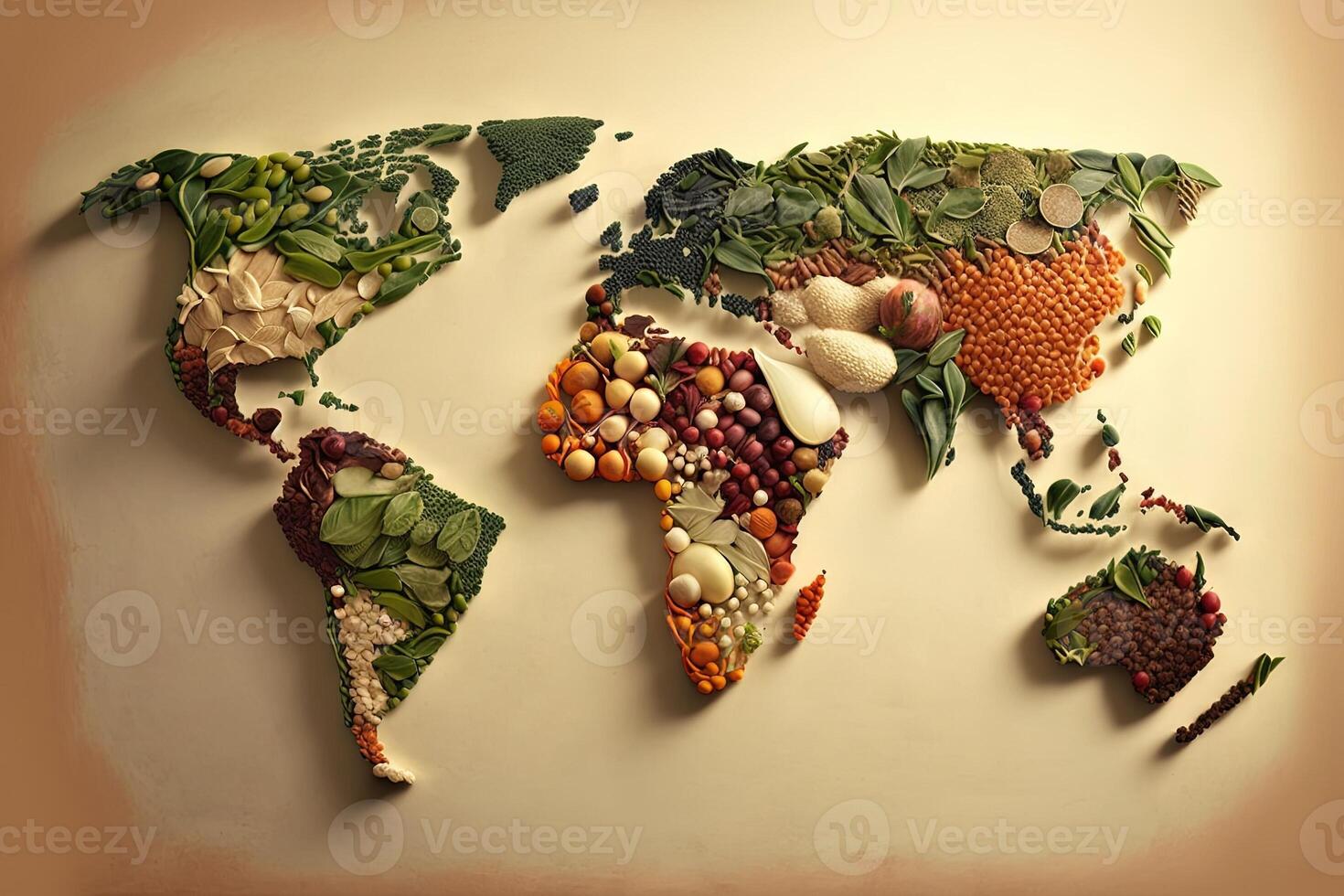 mondo carta geografica fatto di fresco verdure creativo dieta cibo salutare mangiare concetto illustrazione generativo ai foto