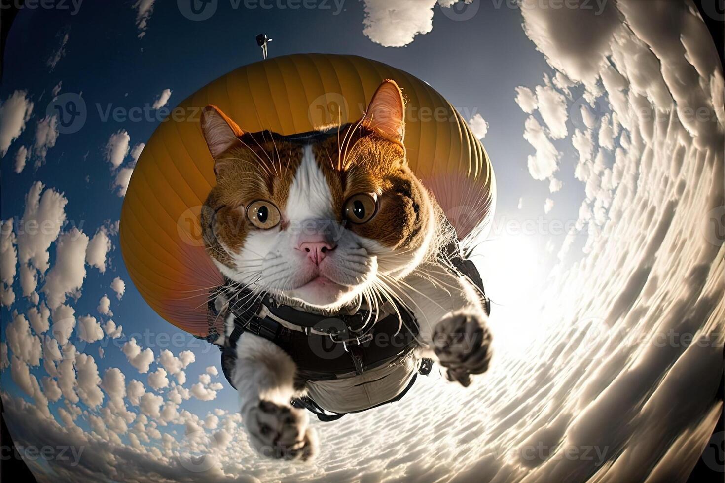 gatto skydriver. volante con paracadute paracadutismo illustrazione generativo ai foto