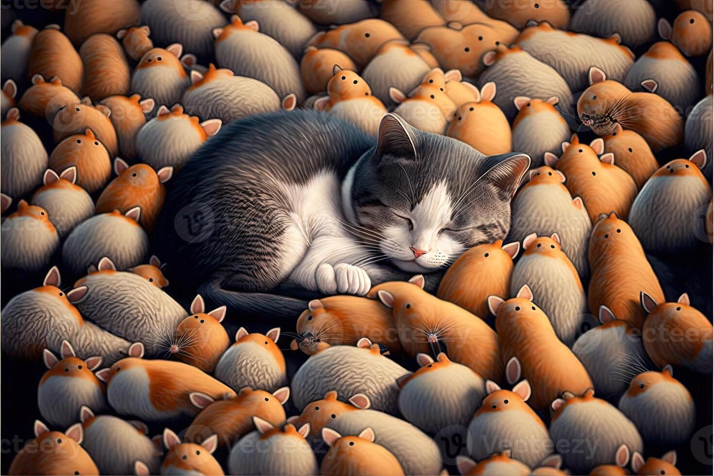 gatto addormentato circondato di topi topi illustrazione generativo ai foto