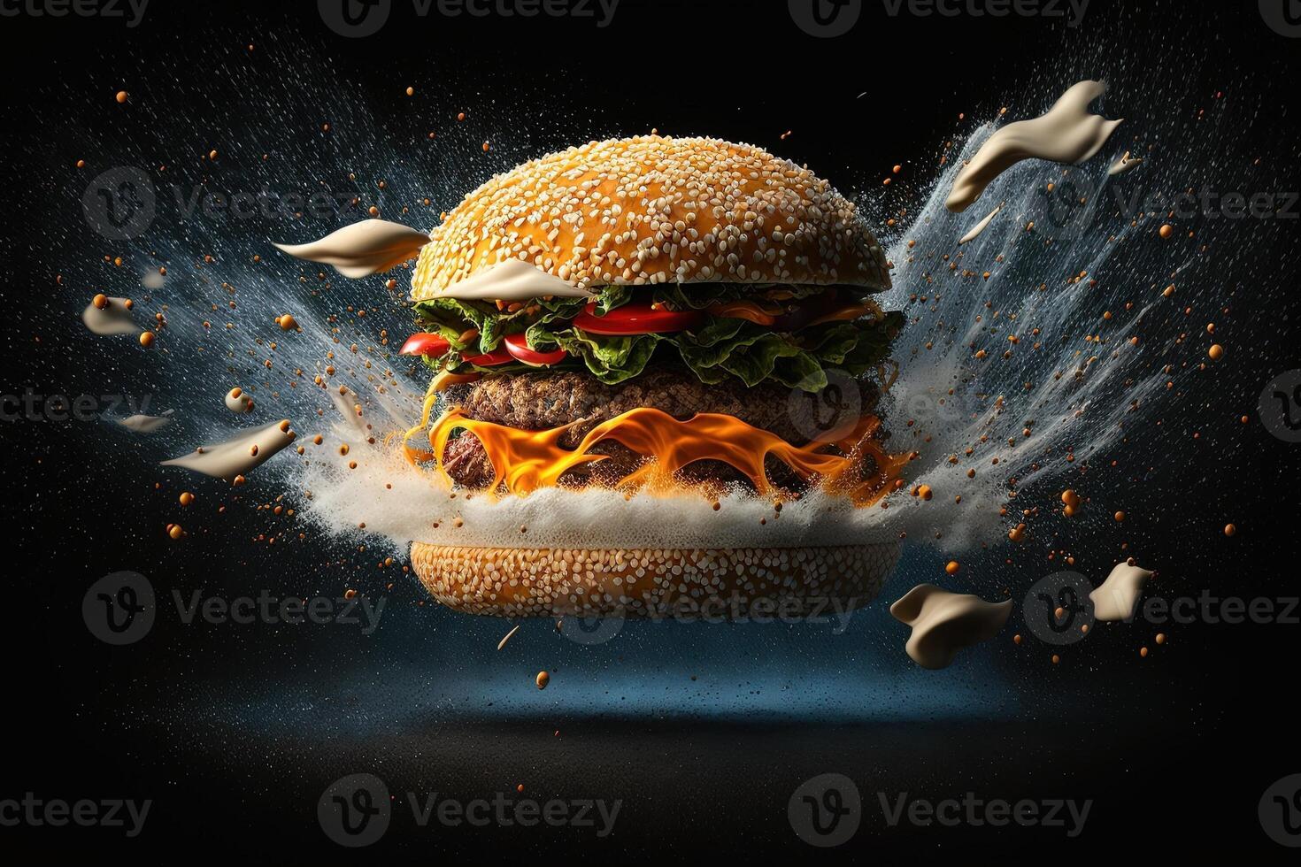 delizioso hamburger che esplode nel davanti di il telecamera con galleggiante ingredienti su nero sfondo illustrazione generativo ai foto