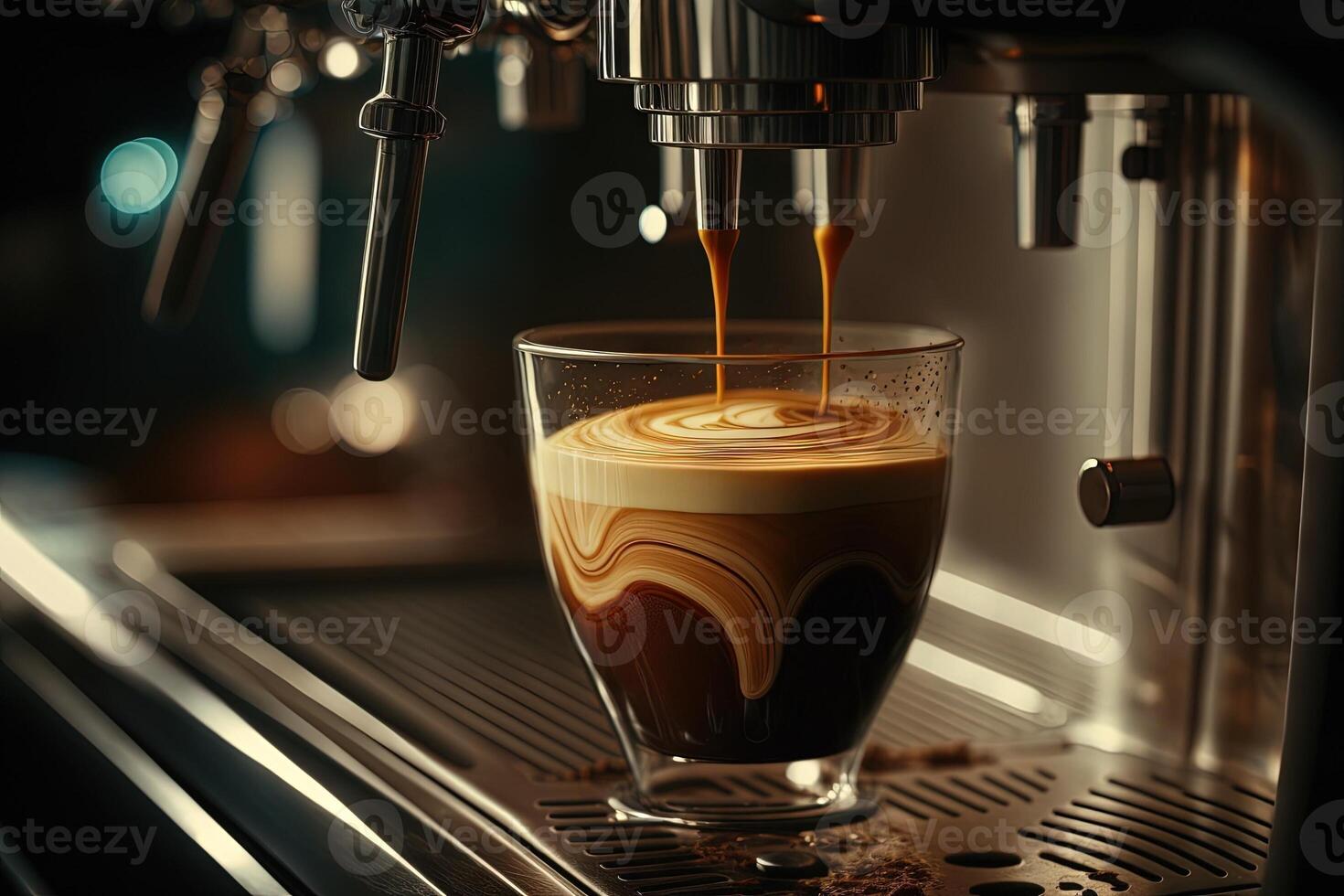 avvicinamento di caffè espresso scrosciante a partire dal caffè macchina. professionale caffè birra illustrazione generativo ai foto