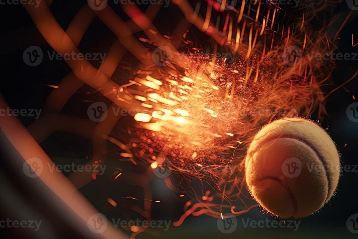 tennis racchetta colpire il palla nel energia dettaglio esplosivo illustrazione generativo ai foto