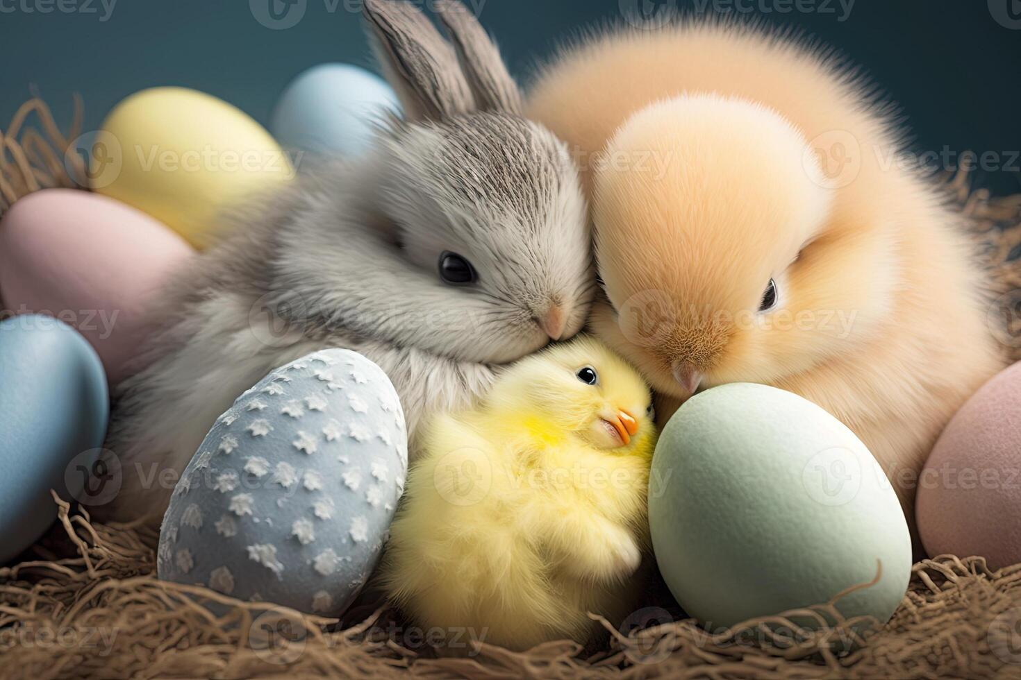carino coniglietto e pulcino coccolato su insieme, circondato di pastello - colorato Pasqua uova Pasqua illustrazione generativo ai foto