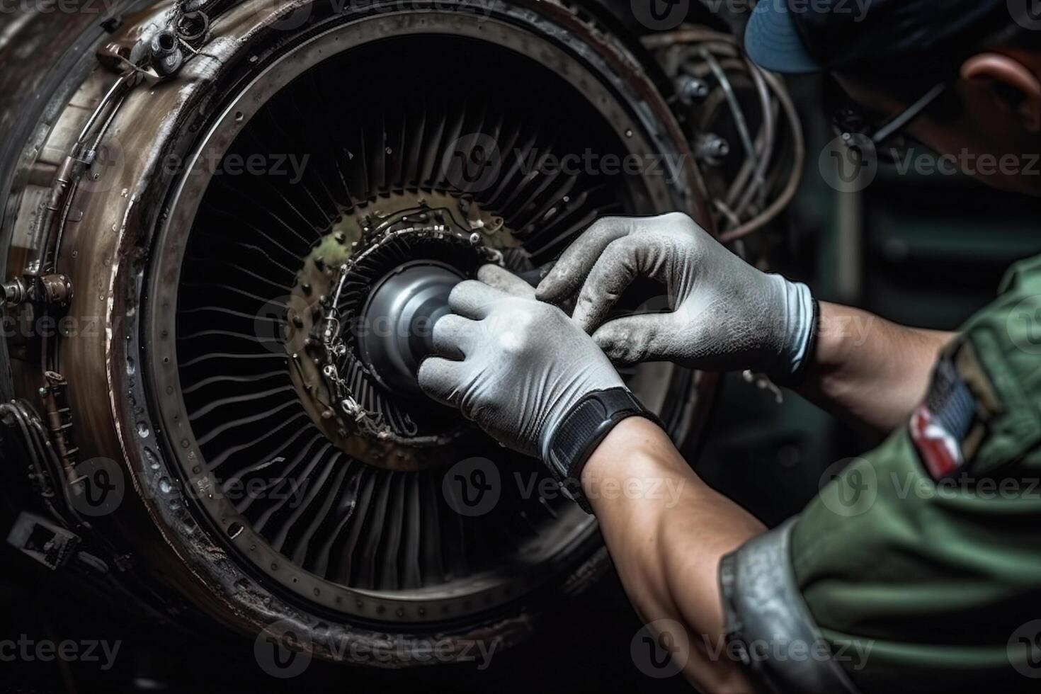 aereo Manutenzione tecnico Lavorando su turbina illustrazione generativo ai foto