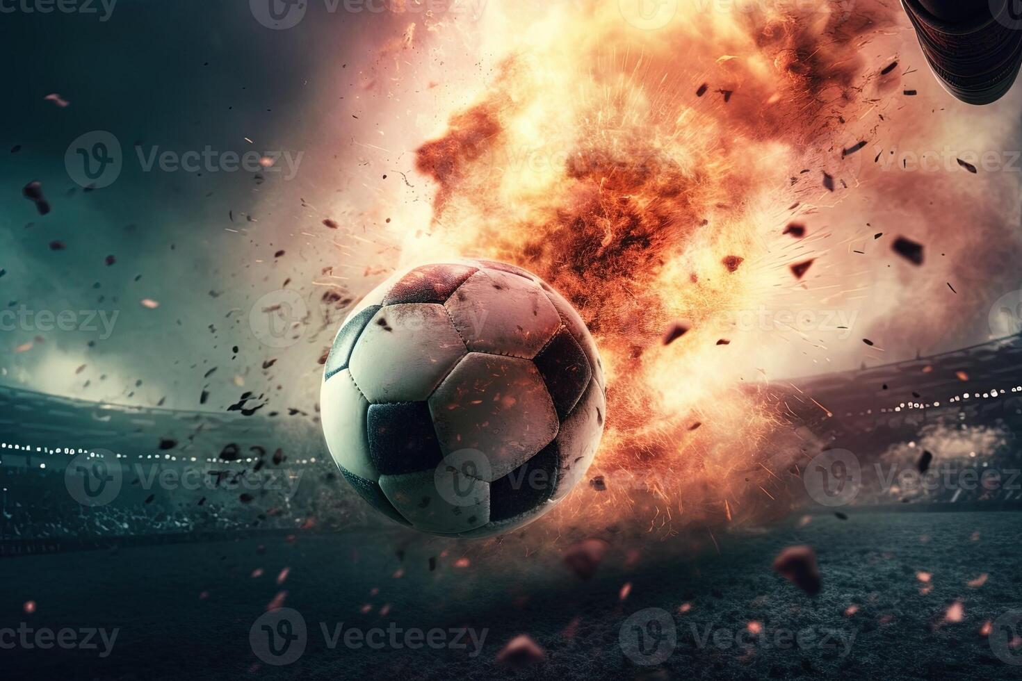 dettaglio di calcio palla colpito nel esplosione illustrazione generativo ai foto