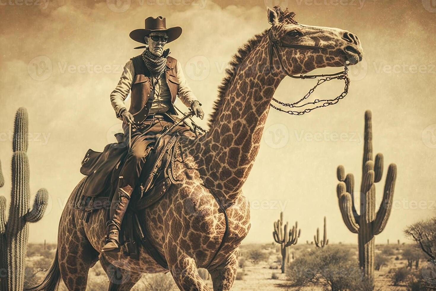 cowboy equitazione giraffa nel selvaggio ovest illustrazione generativo ai foto