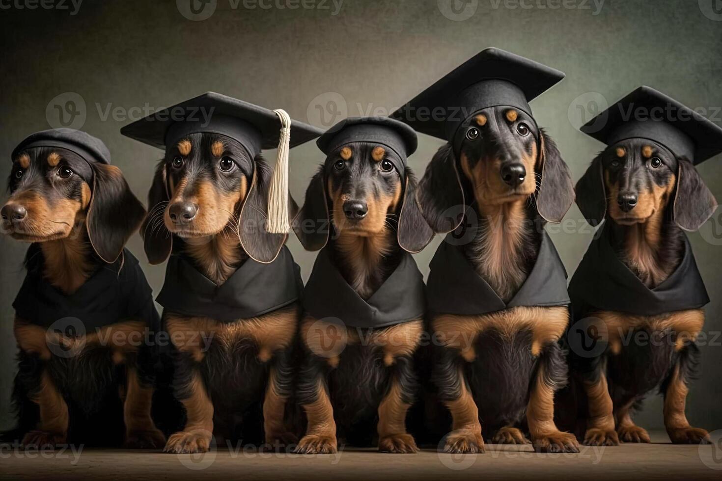 bassotto cani in piedi nel un' linea, indossare la laurea caps e abiti, con un' orgoglioso Guarda su loro facce illustrazione generativo ai foto