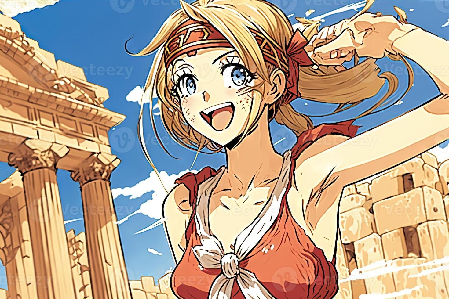 bellissimo anime manga ragazza nel Atene Grecia illustrazione generativo ai foto