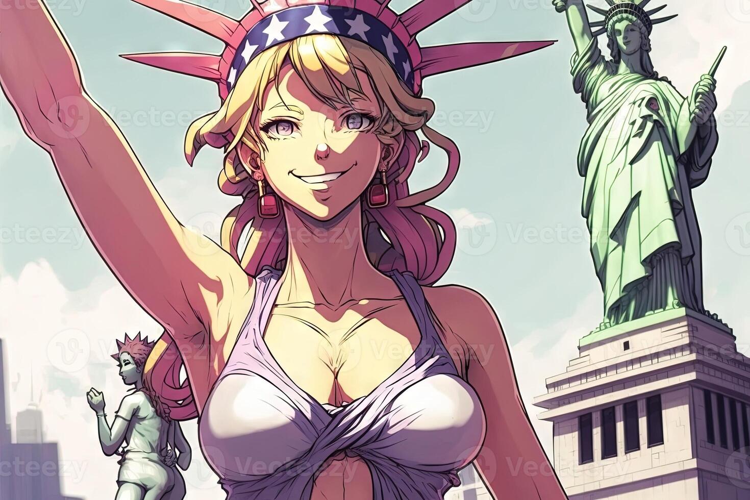 bellissimo anime manga ragazza nel nuovo York città statua di libertà illustrazione generativo ai foto