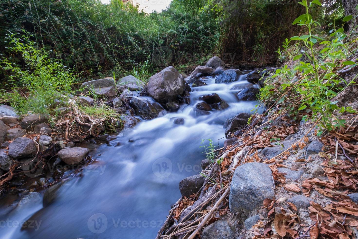 flusso di acqua pura che scorre su un terreno di montagna rocciosa nella foresta di kakopetria a troodos cipro foto