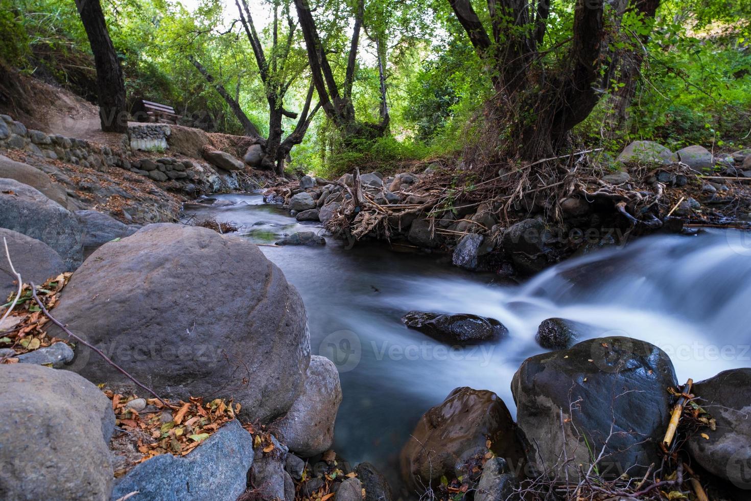 flusso di acqua pura con flusso regolare su terreno di montagna rocciosa nella foresta di kakopetria a troodos cipro foto