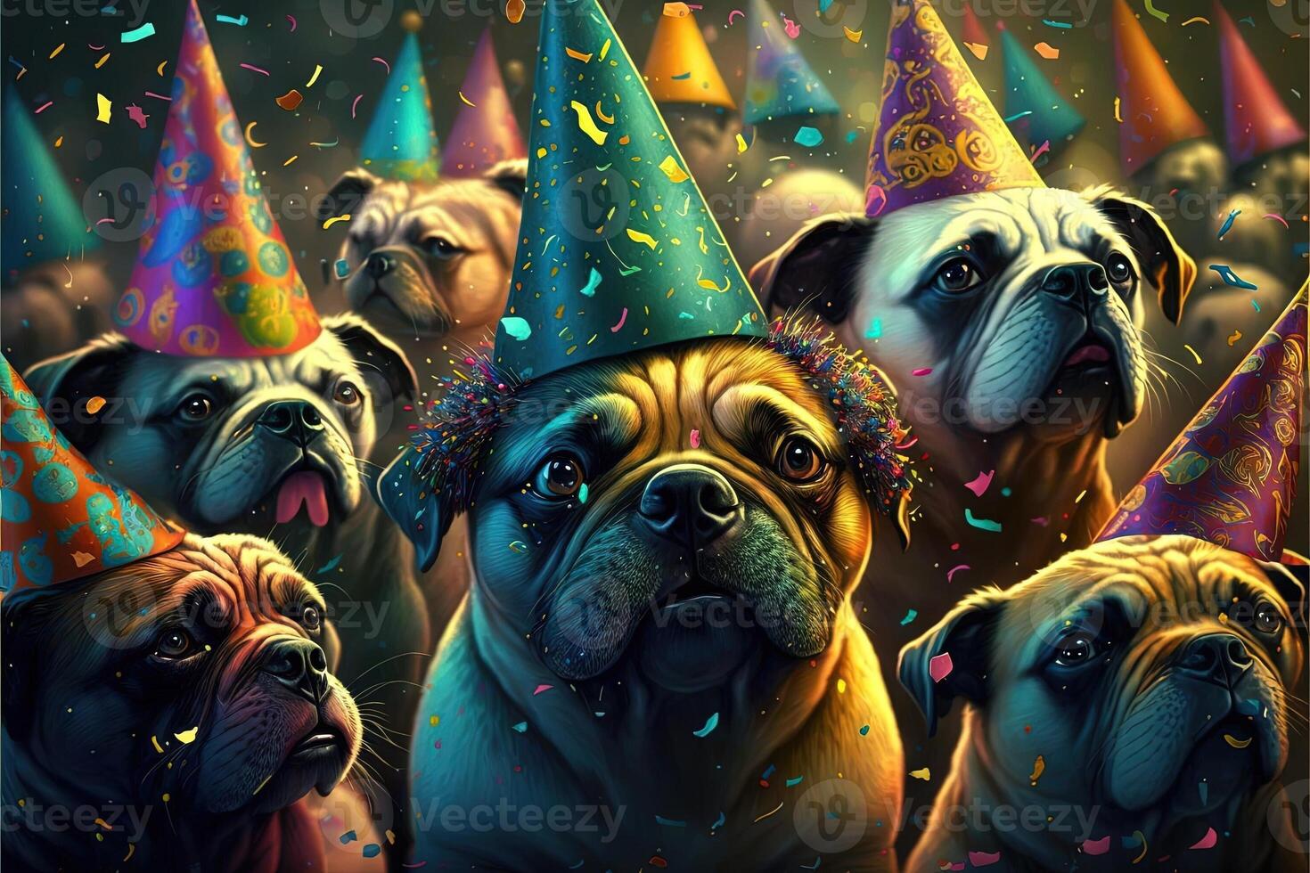 molti cani animali domestici festeggiare nuovo anno illustrazione generativo ai foto