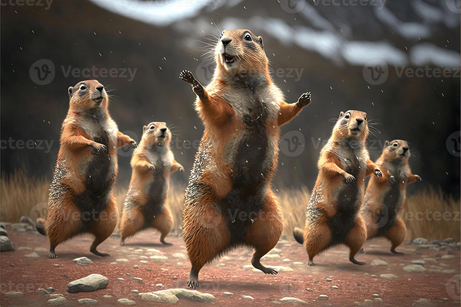 molti marmotte danza per marmotta giorno. marmotta celebrazione 2 febbraio illustrazione generativo ai foto