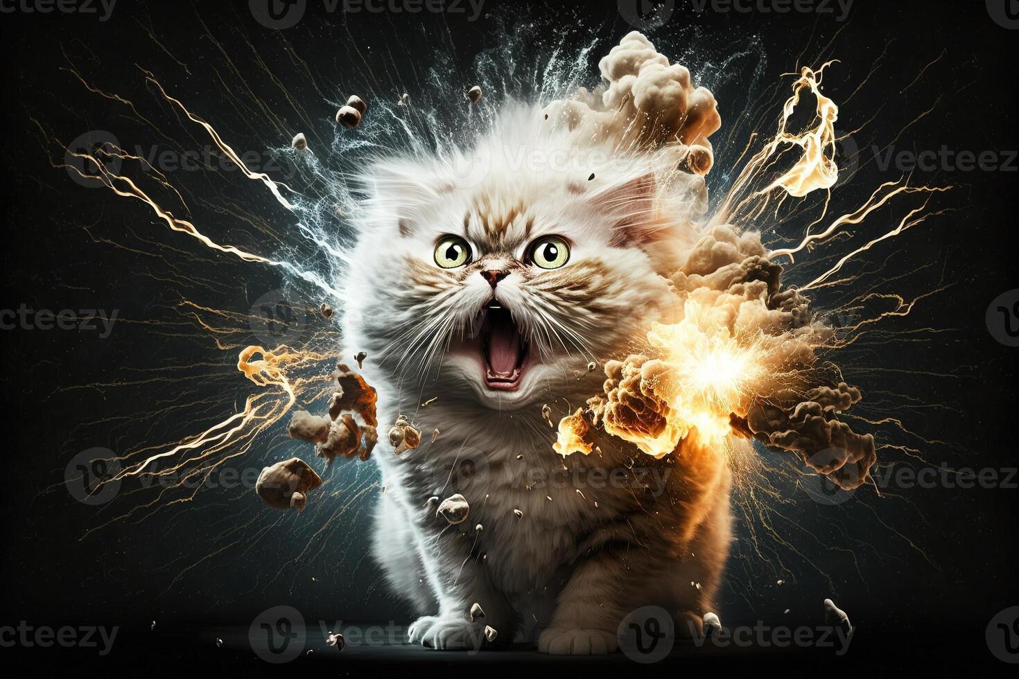 gatto che esplode durante un' scientifico sperimentare illustrazione generativo ai foto