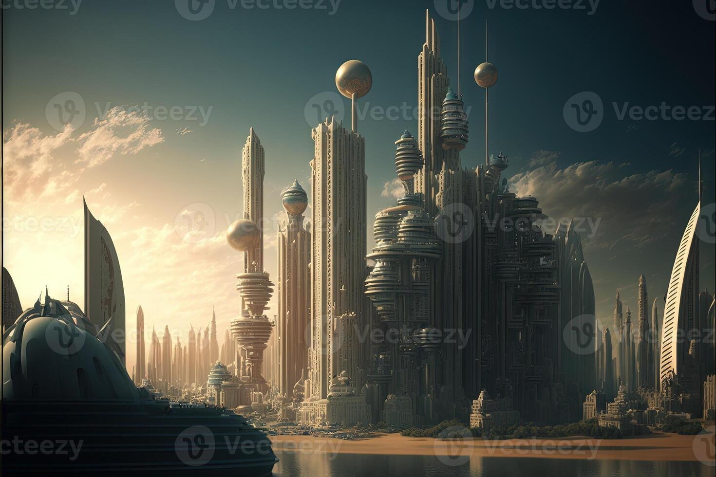 megalopoli di il futuro futuristico città orizzonte panorama illustrazione generativo ai foto