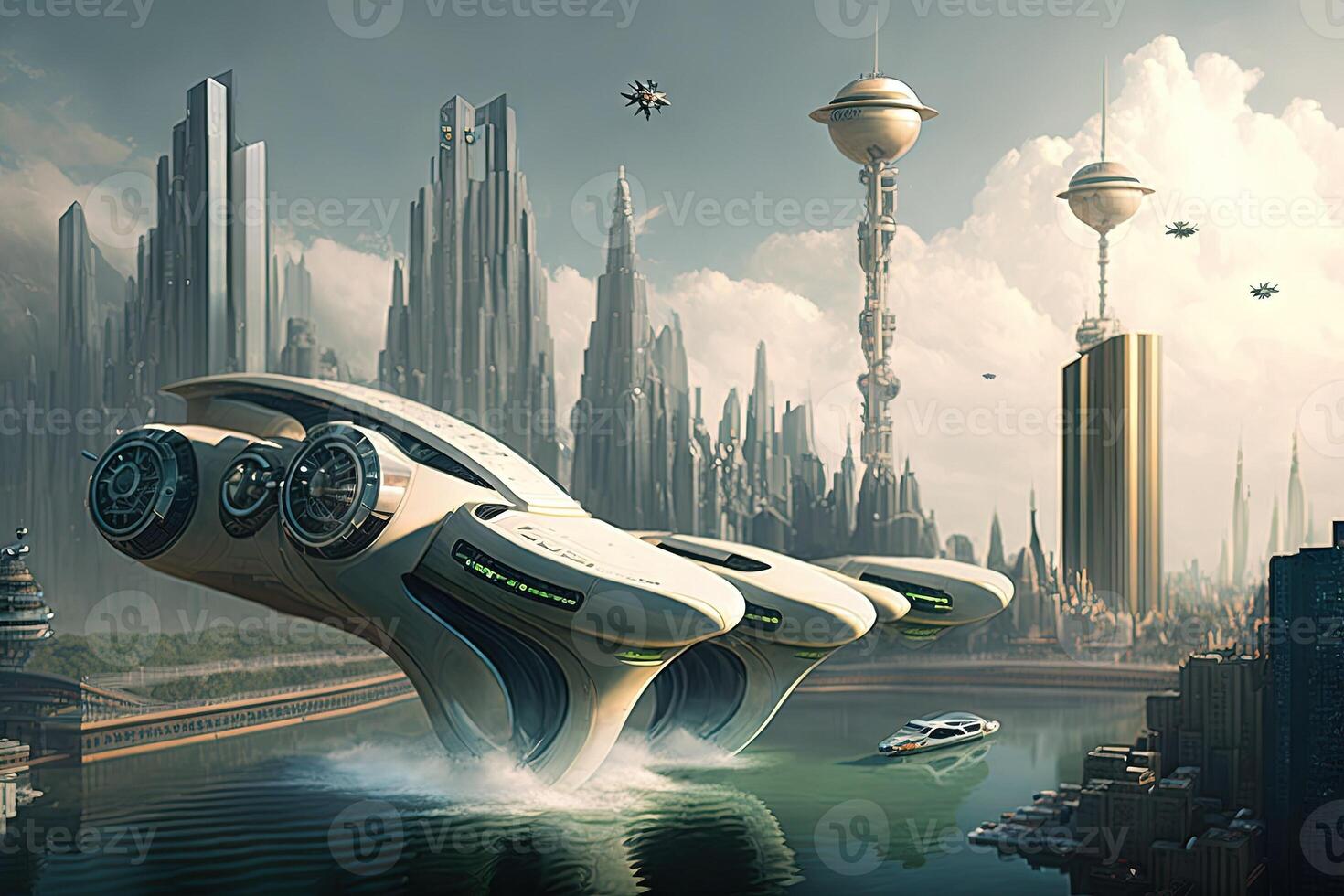 nuovo York città di il futuro anno 2100 con volante macchine e nuovo skyscarpers illustrazione generativo ai foto
