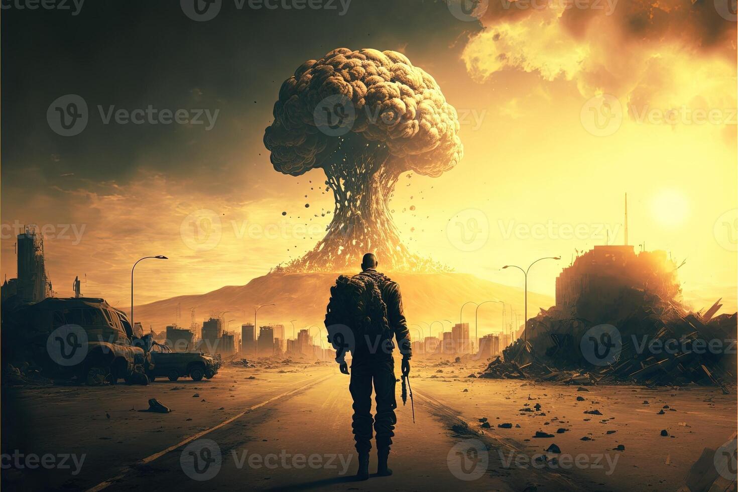 apocalisse - nucleare bomba esplosione - fungo nube illustrazione generativo ai foto