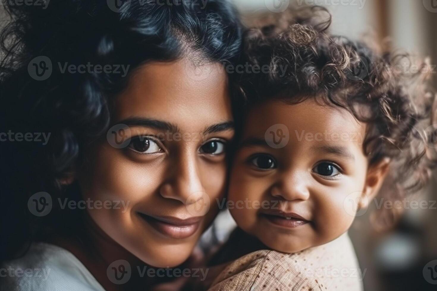 contento sorridente giovane indiano madre giocando con nero bambino ragazza figlia. famiglia misto gara persone mamma e ragazzo insieme abbracciare a casa. autentico Candido stile di vita con infantile ragazzo bambino ai generato foto