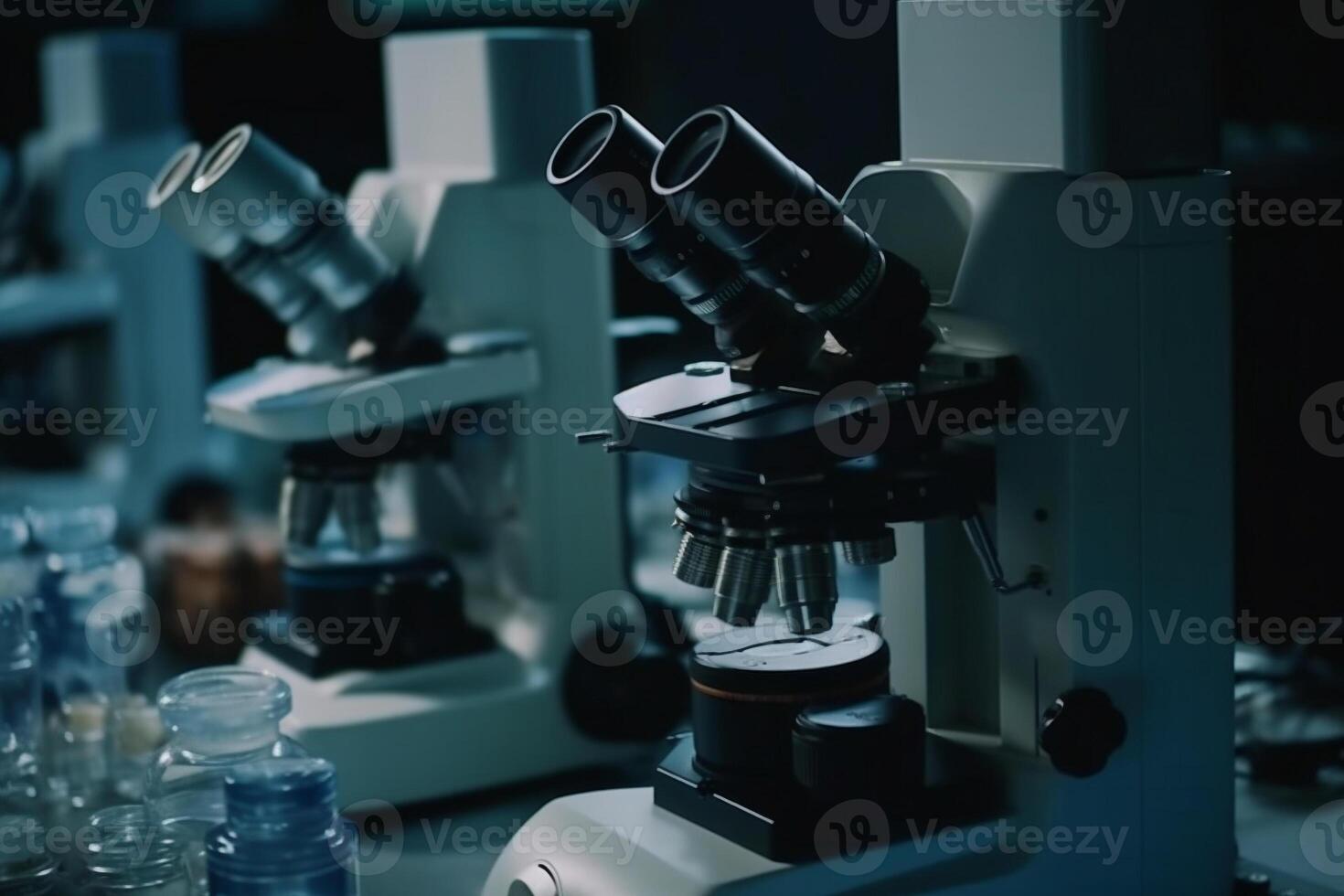 biochimica ricerca gruppo Lavorando con microscopio per coronavirus ai generato foto