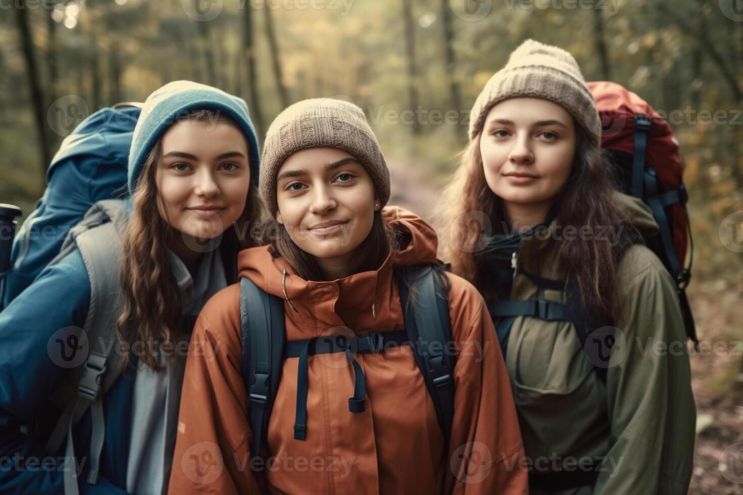 ritratto di sorridente giovane amici escursioni a piedi all'aperto insieme ai generato foto