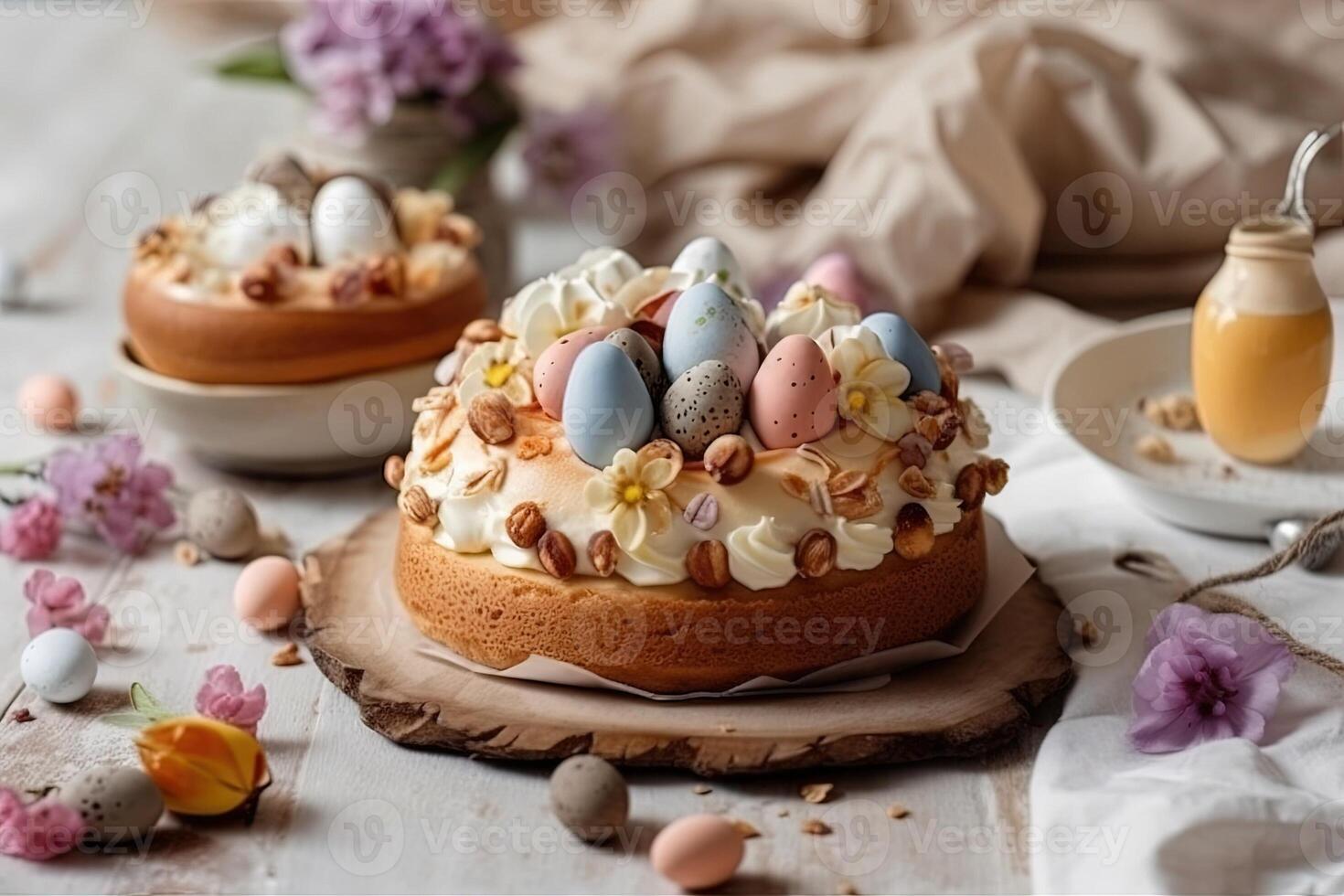 tradizionale Pasqua torte con meringhe e dipinto uova su bianca di legno tavolo illustrazione generativo ai foto