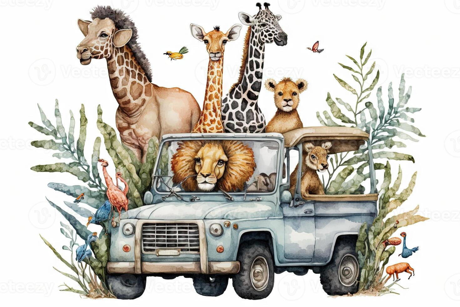 bambino safari animali nel camionetta illustrazione generativo ai foto