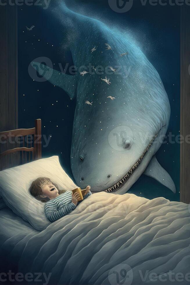 carino delfino lettura prenotare, nel bambini letto durante Natale vigilia notte cartone animato stile illustrazione generativo ai foto