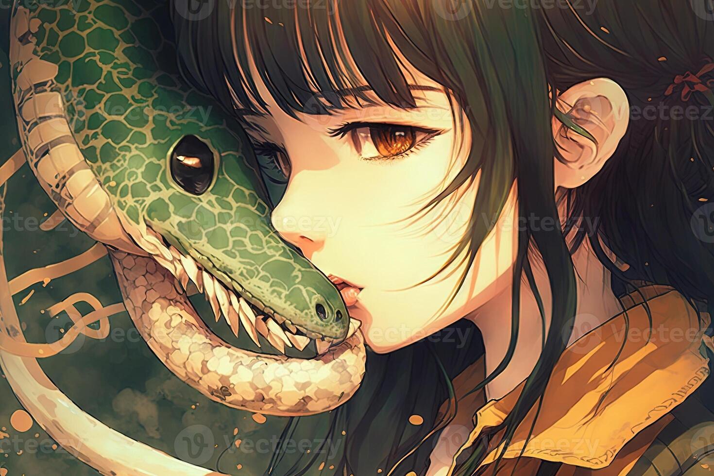 bellissimo ragazza baci un' serpente, manga stile anime personaggio illustrazione generativo ai foto