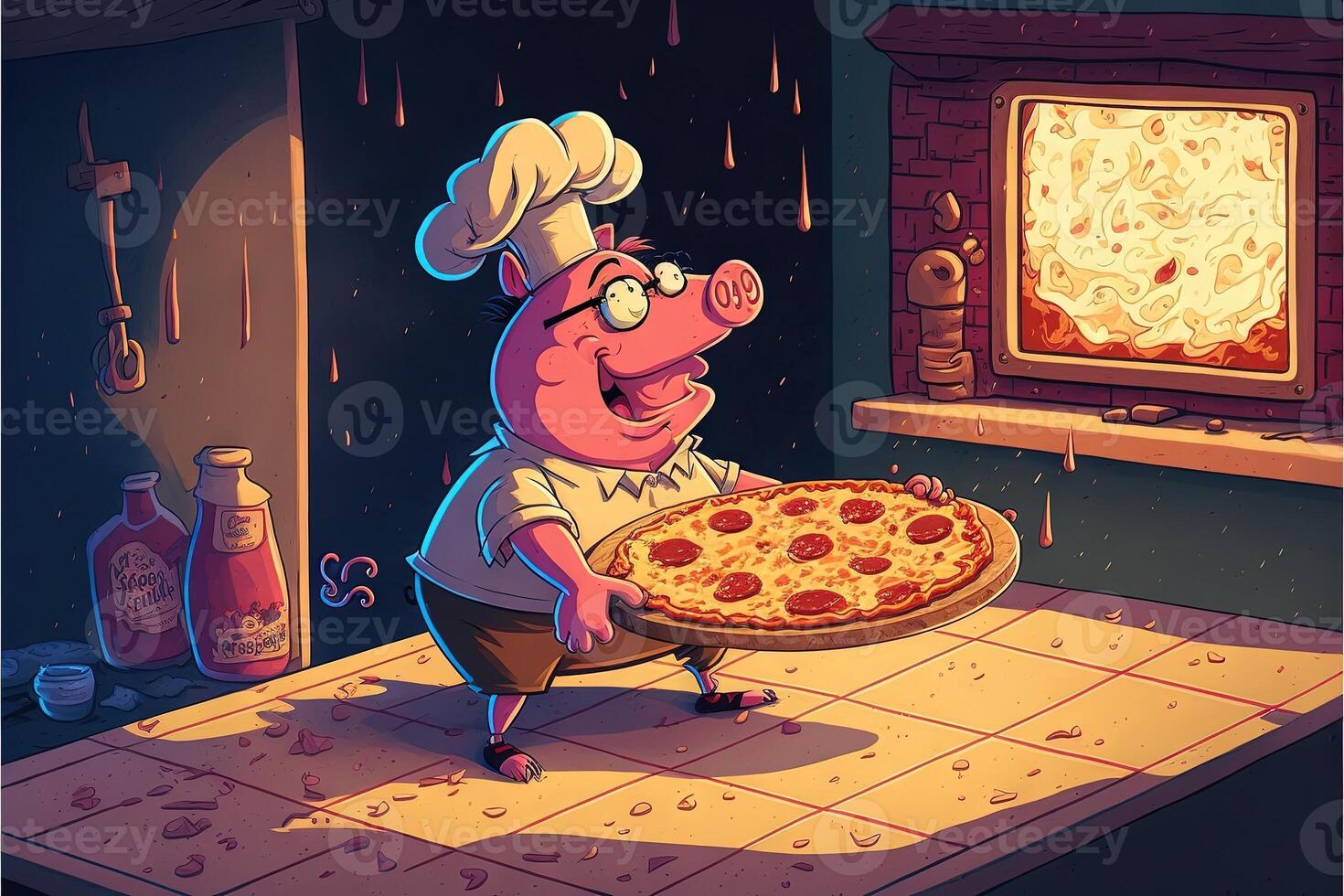 maiale cucinando Pizza illustrazione generativo ai foto