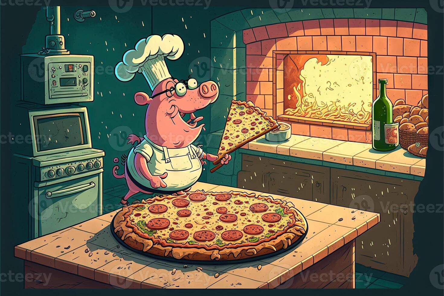 maiale cucinando Pizza illustrazione generativo ai foto