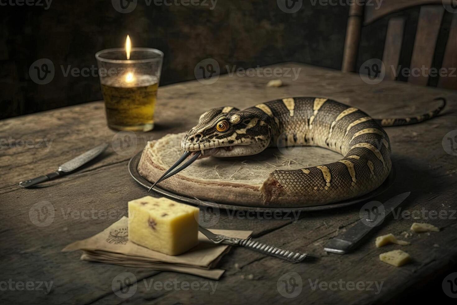 serpente nel un' piatto su il tavolo illustrazione generativo ai foto