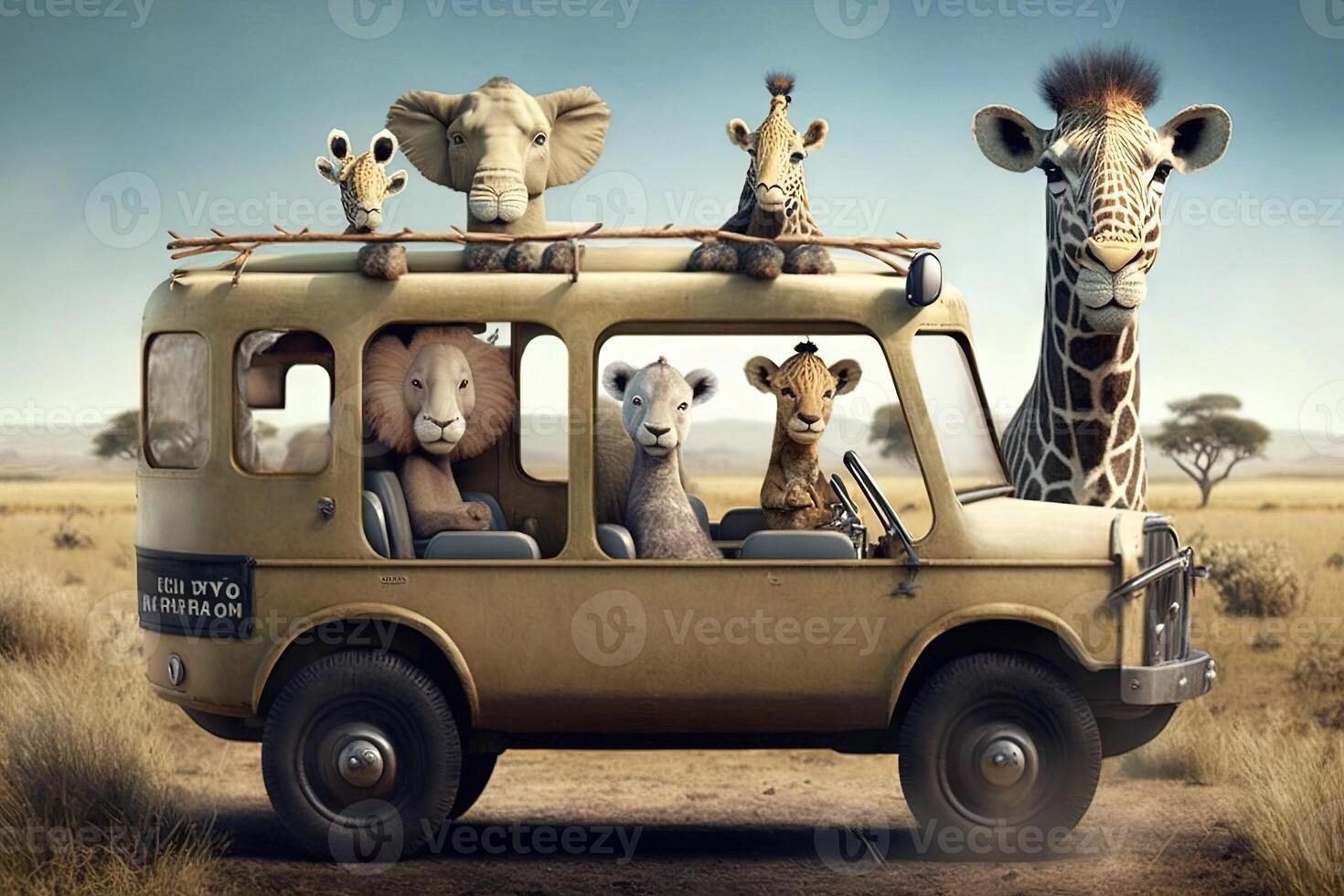 bambino safari animali nel camionetta illustrazione generativo ai foto