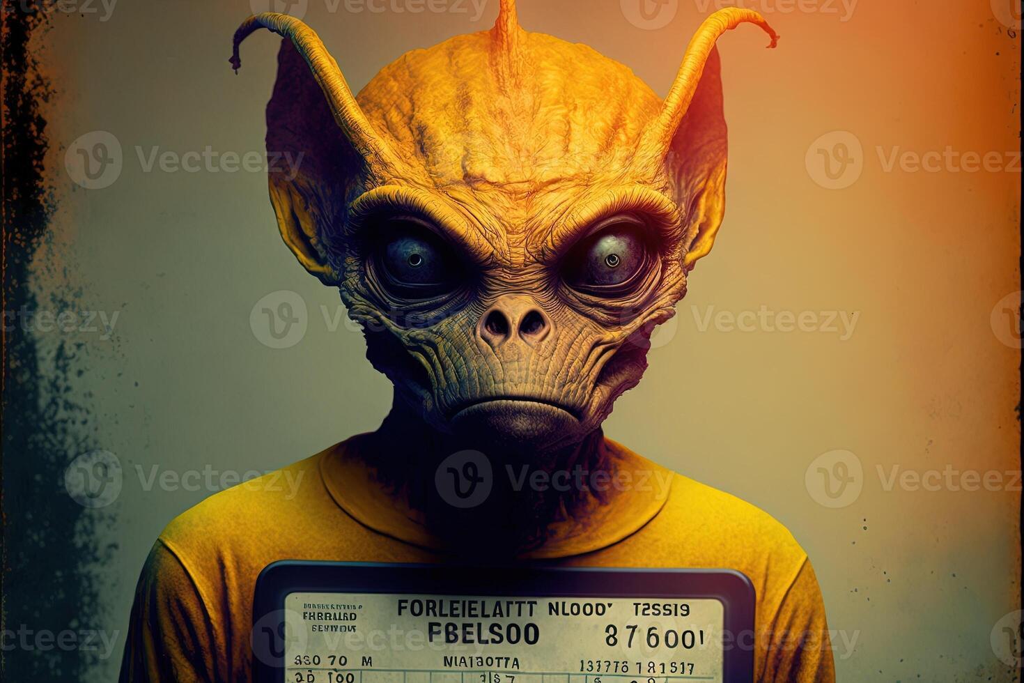 arancia giallo umanoide alieno identificazione piatto nel davanti di polizia allineare o foto segnaletica illustrazione generativo ai