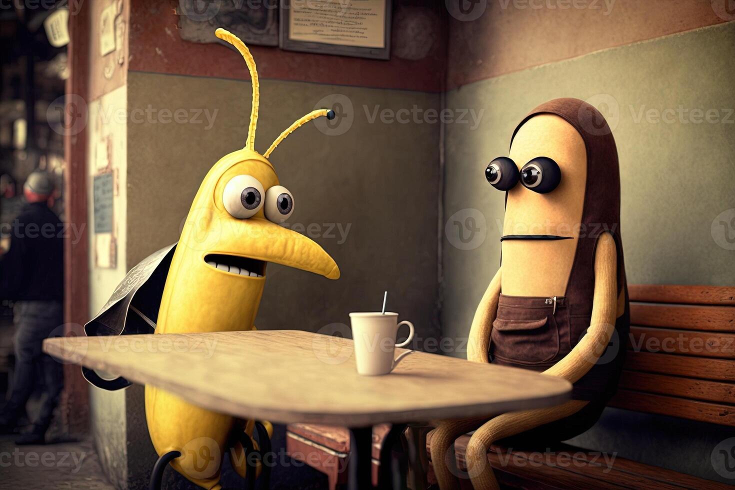 Banana e salsiccia avendo conversazione nel un' ristorante illustrazione generativo ai foto