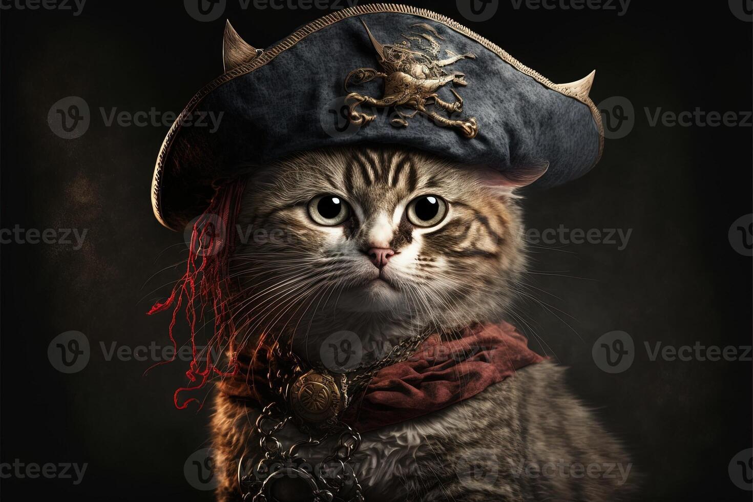 gatto pirata Capitano indossare un' tricorno cappello illustrazione generativo ai foto