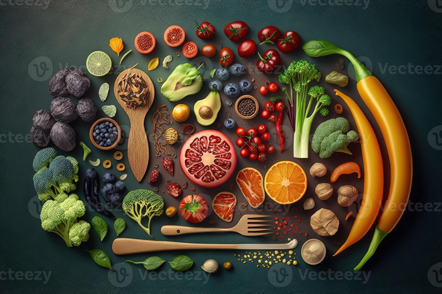salutare mangiare ingredienti fresco la verdura, frutta e supercibo. nutrizione, dieta, vegano cibo concetto. illustrazione generativo ai foto