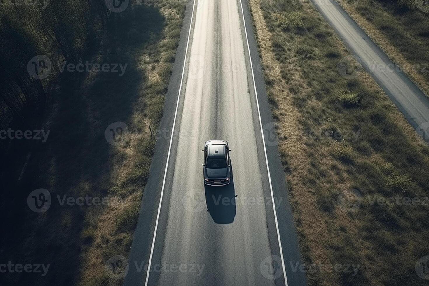 ai generativo aereo Visualizza di un' auto su il strada foto