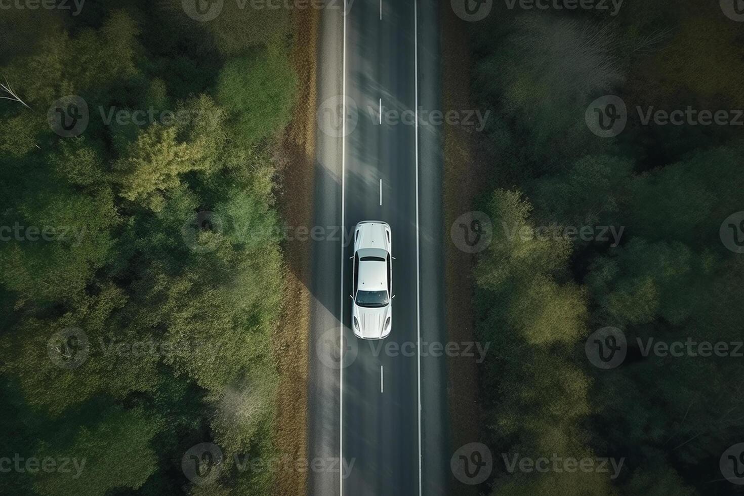 ai generativo aereo Visualizza di un' auto su il strada foto