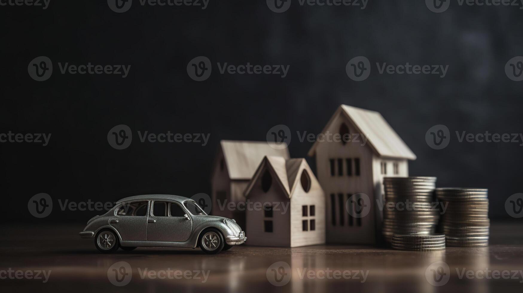 Salvataggio i soldi piccolo giocattolo auto con Casa prestito concetto finanza crescita e proprietà su grigio sfondo tavolo, generativo ai foto