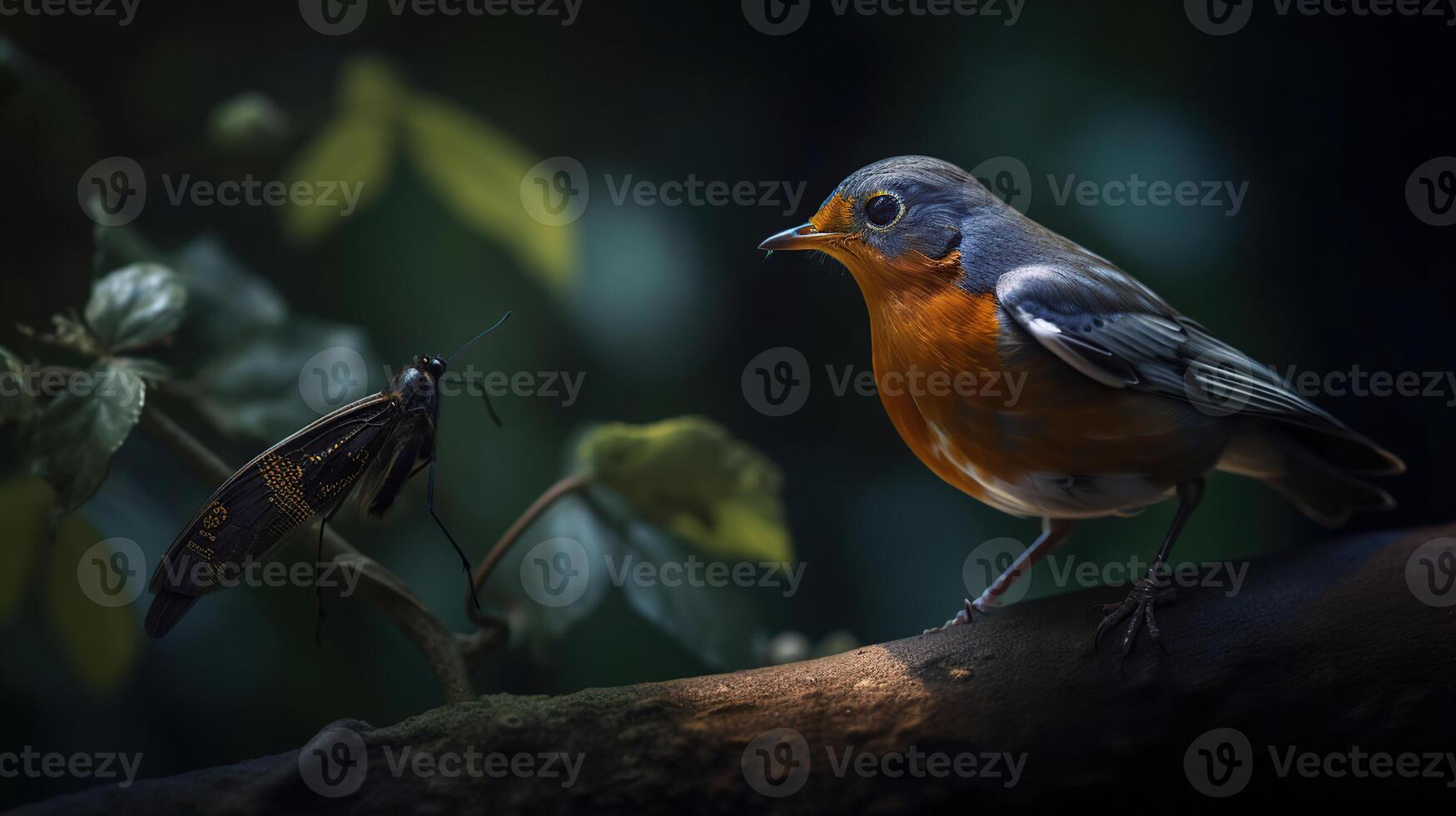 bellissimo selvaggio pettirosso con sbalorditivo colori e un' monarca farfalla in piedi su un' ramo. minuscolo e carino uccello guardare a un' preda la farfalla, ai generativo foto