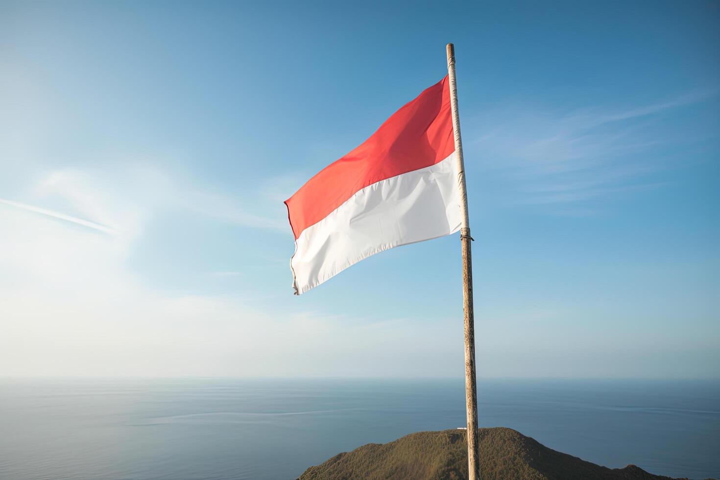 Indonesia nazionale bandiera agitando nel il blu cielo su il oceano sfondo. rosso e bianca bandiera con nuvole. ai generato foto