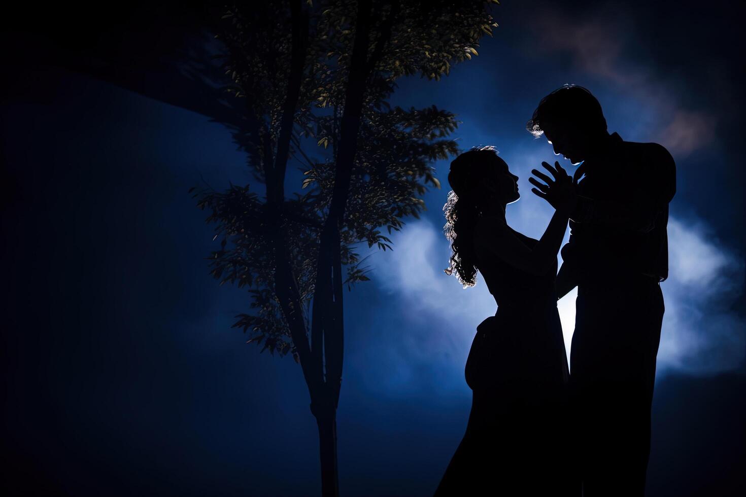 silhouette di un' romantico coppia danza e godendo nel il scuro. ai generato foto