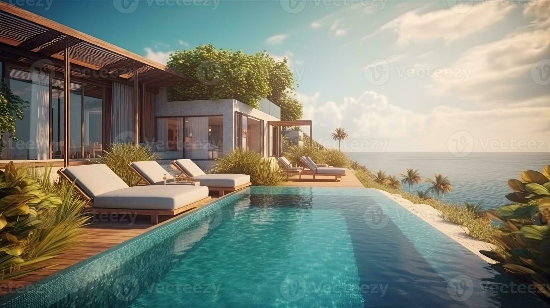 illustrazione di piscina e villa ricorrere o spiaggia Casa. sole lettini su prendere il sole ponte e privato nuoto piscina con mare Visualizza a lusso villa ricorrere foto