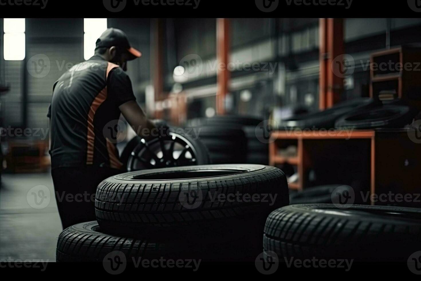 meccanico servizio è mutevole nuovo pneumatici e ruote. su il box auto sfondo foto