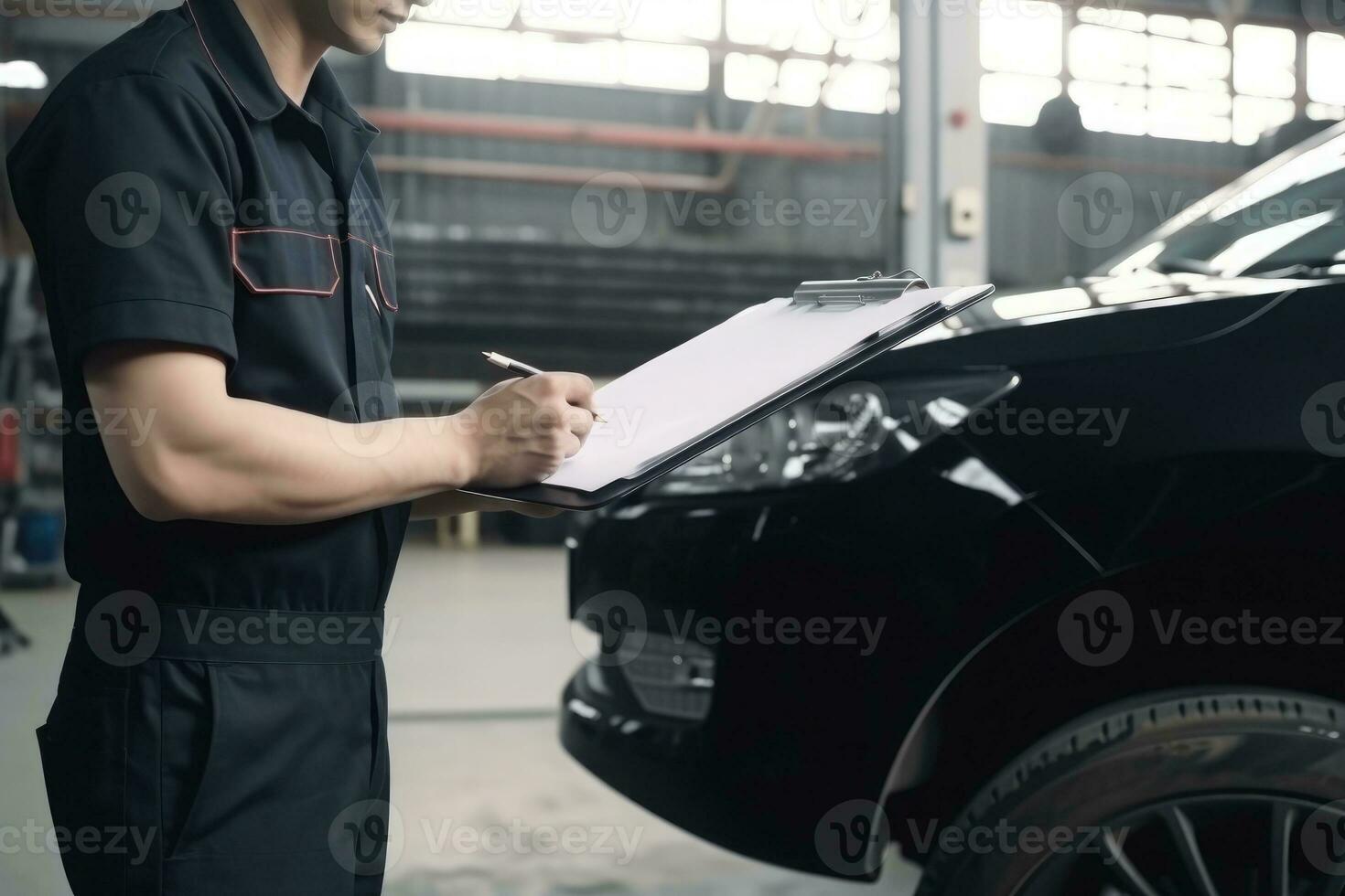 vicino su meccanico Tenere appunti di servizio Istruzioni Lavorando nel riparazione servizio box auto foto