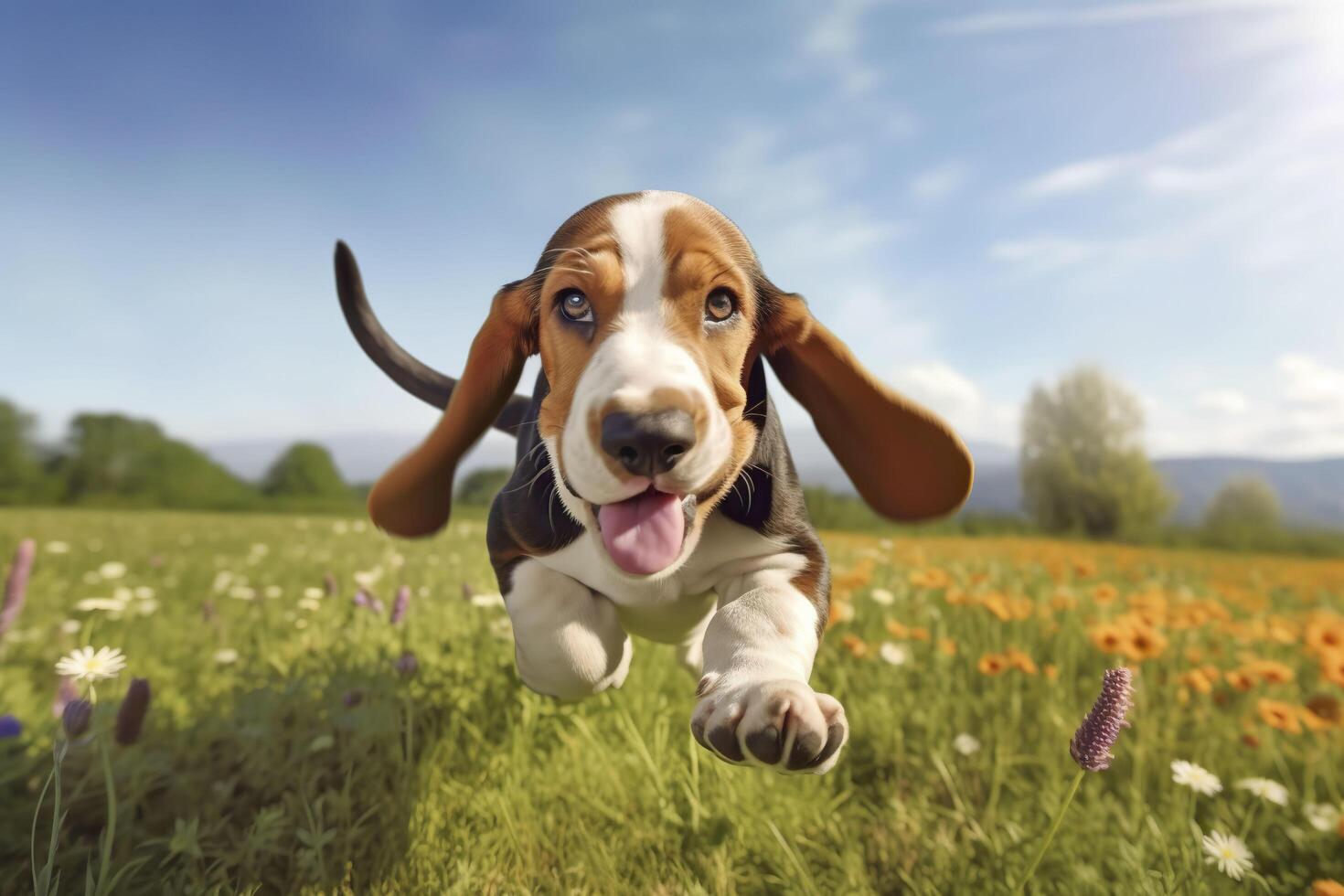 un' bassetto cane da caccia in esecuzione attraverso un' campo. generativo ai. foto